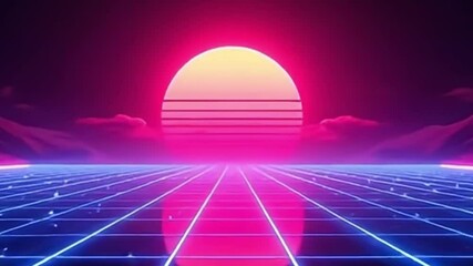 synthwave background, retro futuristic animation, neon grid video, glowing sun animation, 4k synthwave loop, 80s retro loop, synthwave sun rising, futuristic retro video, neon animation background,  - Powered by Adobe