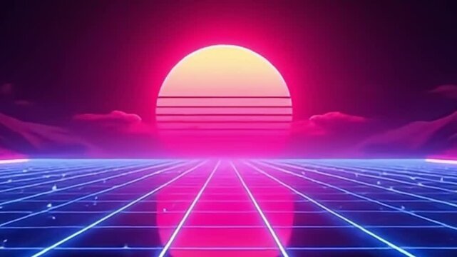 synthwave background, retro futuristic animation, neon grid video, glowing sun animation, 4k synthwave loop, 80s retro loop, synthwave sun rising, futuristic retro video, neon animation background, 