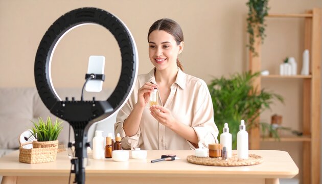 Woman Presenting Skincare Product While Recording Beauty Video