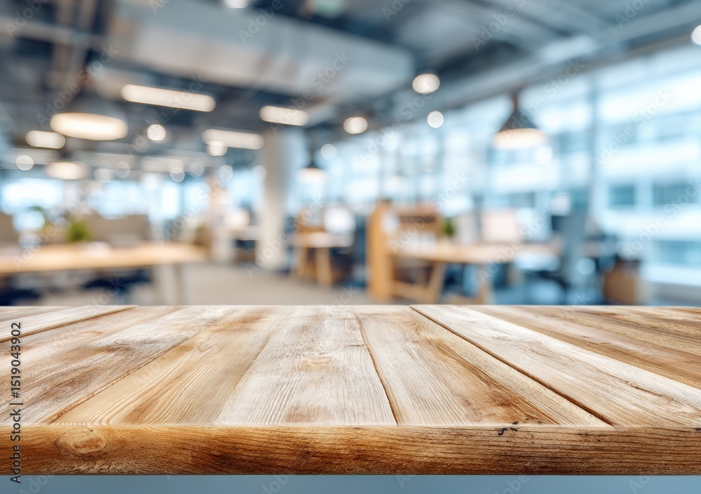 Poster empty wooden table for displaying products with blurred office space background, providing a profess