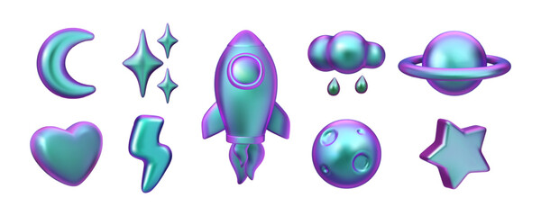 Space holographic icon set. Vector 3d metallic stickers, iridescent planets, moon, heart, star, rocket with fire. Y2k glossy illustration isolated on white background