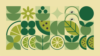 Green geometric food mosaic - lime and watermelon, lemon slices and leaves in abstract patchwork pattern. Round organic shapes combined in grid layout. Decorative repeat ornament design for print.