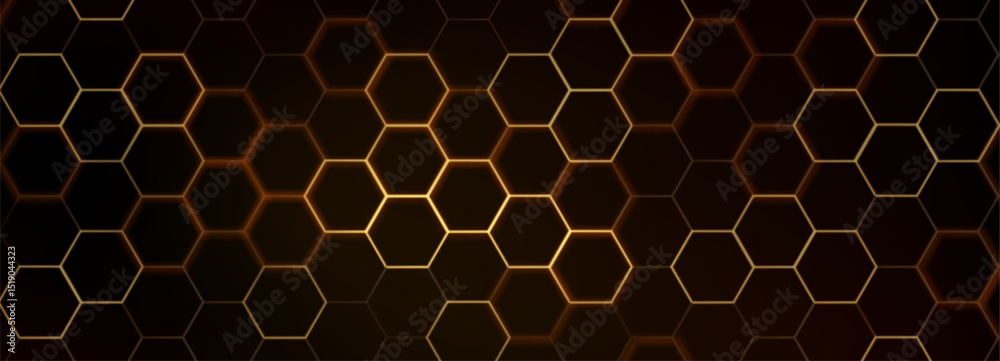 Fototapete hexagon game background with glowing golden honeycomb grid on black surface. abstract geometric patt
