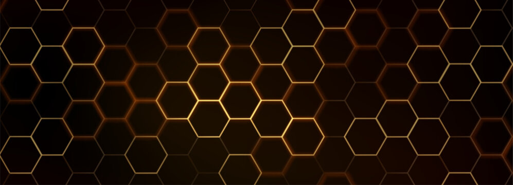 Hexagon game background with glowing golden honeycomb grid on black surface. Abstract geometric pattern of connected cells for futuristic interface design. Digital technology bg with luminous edges.