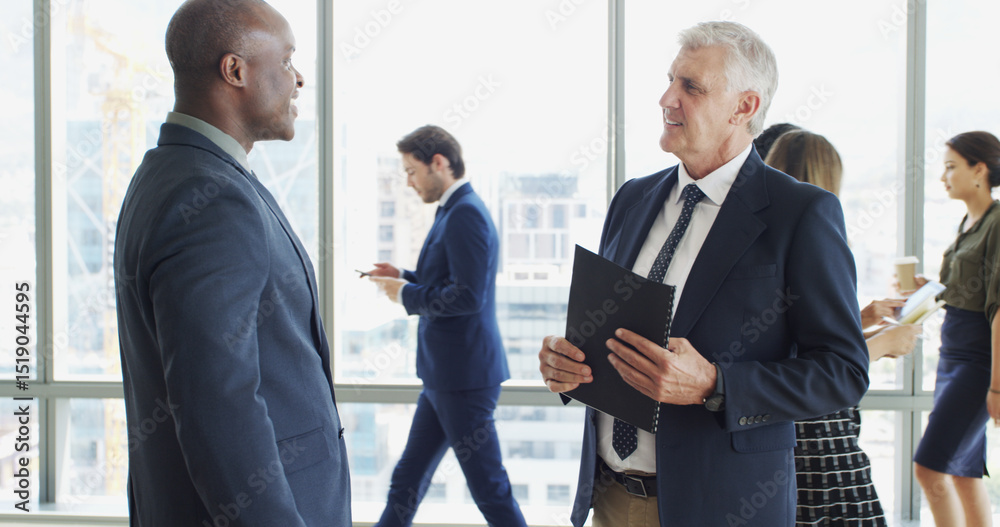 Aufkleber document, conversation and business men in office for finance contract with investment negotiation. 