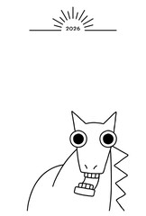 シンプルで個性的な線画の午年年賀状 馬 モノクロ 2026年