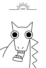 シンプルで個性的な線画の午年年賀状 馬 モノクロ 2026年