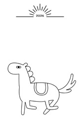 シンプルで個性的な線画の午年年賀状 馬 モノクロ 2026年