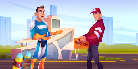 Cartoon superhero man meets delivery worker in modern city - blue costumed hero talks with post courier holding orange box near futuristic building. Urban scene with champion receiving package.