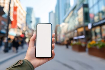 Woman showing a mockup mobile phone with empty space for advertising text message or information in a modern city street
