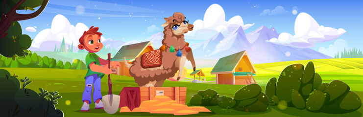 Cartoon boy with shovel finds wooden box with llama in country farm - child discovers buried parcel while fluffy animal jumping. Rural scene with houses and mountains, kid with decorated alpaca.