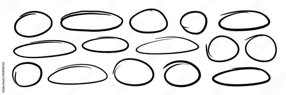 Fototapete Line brush pen highlight round oval frame set. Hand drawn marker, pen scribble stroke line oval frame. Brush round frame for text highlight ellipse. Grunge scratch style set. Vector illustration