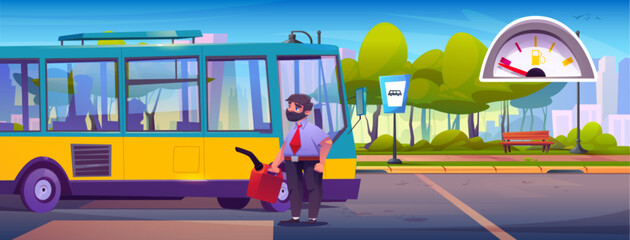 Bus driver fills empty vehicle with fuel from red canister at stop - bearded man in uniform carries canister to tank of public transport for city routes. Urban station with gauge meter, bench, trees