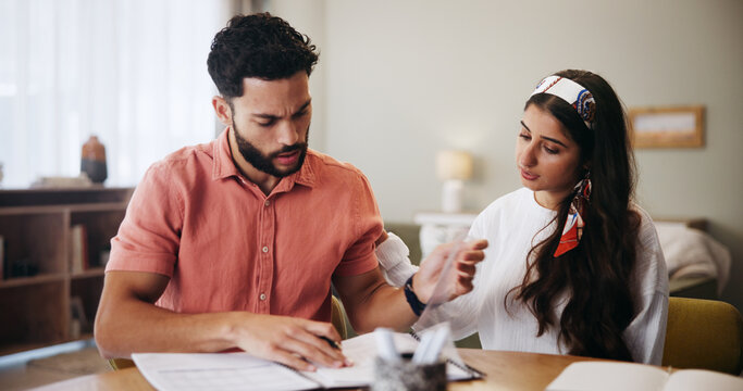 Finance, documents and couple in home unsure for budget review, savings and payment mistake for mortgage. Marriage, confused and man with woman with paperwork, bills and financial expenses for taxes