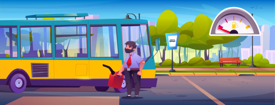 Fototapeta Bus driver fills empty vehicle with fuel from red canister at stop - bearded man in uniform carries canister to tank of public transport for city routes. Urban station with gauge meter, bench, trees