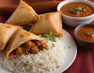 chicken tikka masala samosas with rice on a plate