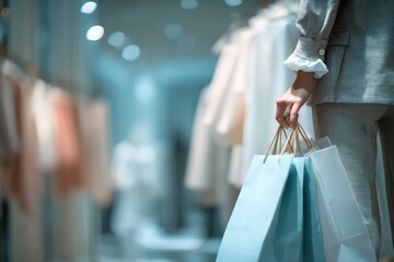 Naklejka premium Elegant businesswoman holding shopping bags in a luxury boutique, enjoying retail therapy and fashion finds