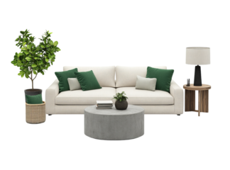 A beige fabric sofa with green pillows, a grey concrete coffee table with a black base, wooden end tables, and an indoor plant in a pot. transparent background, in a PNG file format
