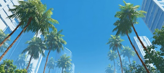 Palm tree, blue sky, and city building. Generative AI technology.	
