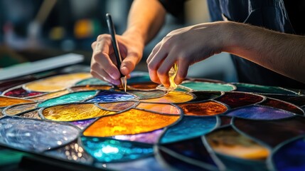 Obraz premium Stained Glass Artist at Work: A Masterpiece in Progress