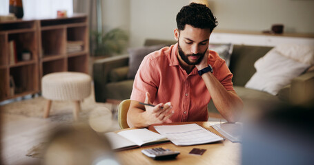 Finance, accounting and man in home with paperwork for budget planning, savings and investment....