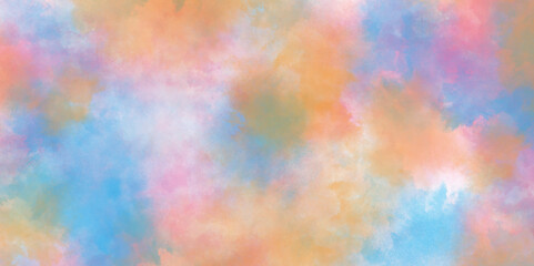Watercolor paper texture background with cloudy stains and splashes, multicolor pastel rainbow gradient, abstract colorful mixed color soft watercolor background.