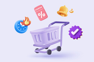3d shopping bag for online shopping and digital marketing concept. Basket minimal icon with shadows on purple background. Shopping bag for buy, sale, discount, promotion. 3d vector icon illustration