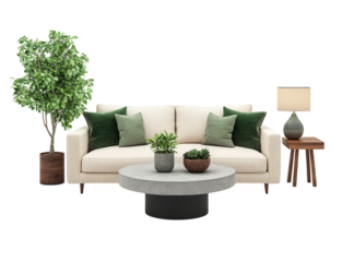 A beige fabric sofa with green pillows, a grey concrete coffee table with a black base, wooden end tables, and an indoor plant in a pot. transparent background, in a PNG file format