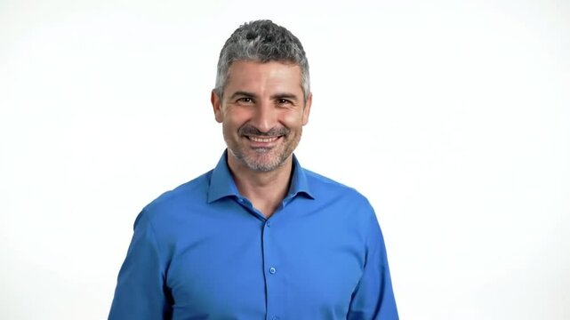 A man giving a thumbs-up gesture and nodding slightly with a white background