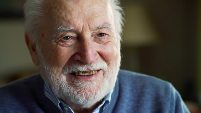 Smiling senior man talking during interview in comfortable indoor setting