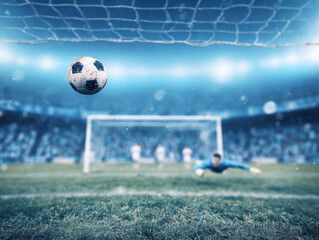 Exciting soccer match with a goalkeeper diving to save a crucial shot