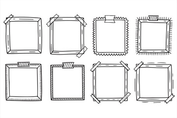 Artistic hand-drawn square frames featuring tape and intricate borders for creative digital projects