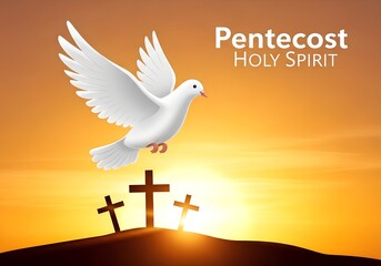 Pentecost Holy Spirit with Dove and Crosses at Sunset/ Pentecost Sunday.