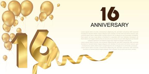 Elegant 16th anniversary celebration with golden balloons, ribbon, and bold 3D numbers. Perfect for greeting cards, banners, or party invitations. Luxurious and festive vector design