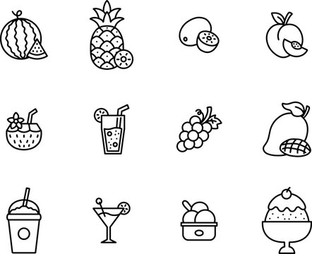Minimal summer fruits and drinks icon set in clean black line style. Ideal for outline-based seasonal graphics and simple modern illustrations.