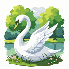 Obraz premium Graceful swan with wings outstretched by serene pond, natural beauty