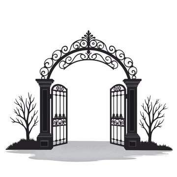 Inviting wrought iron park gate with intricate designs, elegant simplicity