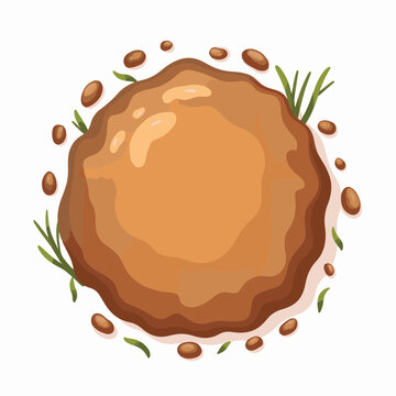 Round mud pie with pebbles and grass on white background, organic concept