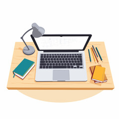 Modern laptop with study materials on wooden desk, focused learning