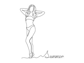 Summer postcard with text and girl in a swimsuit, continuous single one line art hand drawing sketch logo