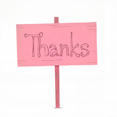 Vector-style illustration of a pink wooden sign with the word “Thanks” in playful handwritten font on white background with copy space