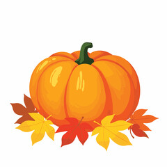 Naklejka premium Vibrant pumpkin resting on colorful autumn leaves, seasonal harvest