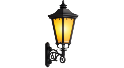 A dark-colored, ornate wall-mounted lantern emits a warm yellow glow, showcasing intricate details in its design against a black background