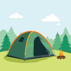 Compact camping tent with campfire in lush meadow, outdoor adventure