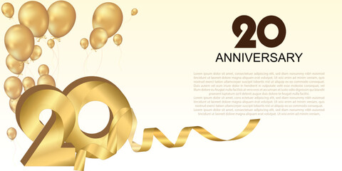 Elegant 20th anniversary celebration with golden balloons, ribbon, and bold 3D numbers. Perfect for greeting cards, banners, or party invitations. Luxurious and festive vector design