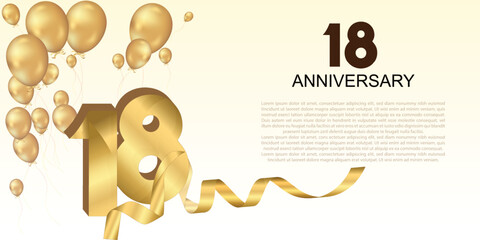 Elegant 18th anniversary celebration with golden balloons, ribbon, and bold 3D numbers. Perfect for greeting cards, banners, or party invitations. Luxurious and festive vector design