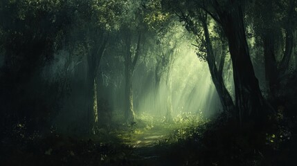 Mystical forest path bathed in sunlight