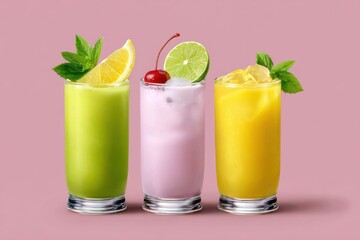 Vibrant and refreshing cocktail glasses filled with different colorful drinks garnished with fresh lemon lime and cherries creating an inviting and visually appealing presentation