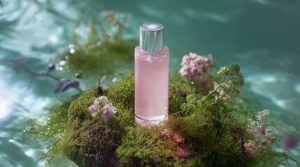 Clear Pink Bottle in Forest Stream, green moss surrounded 