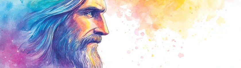 Jesus Christ with a long beard and mustache on an abstract background with copy space